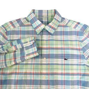 Vineyard Vines OTG Performance Shirt Mens Medium Plaid Blue Green Button Down